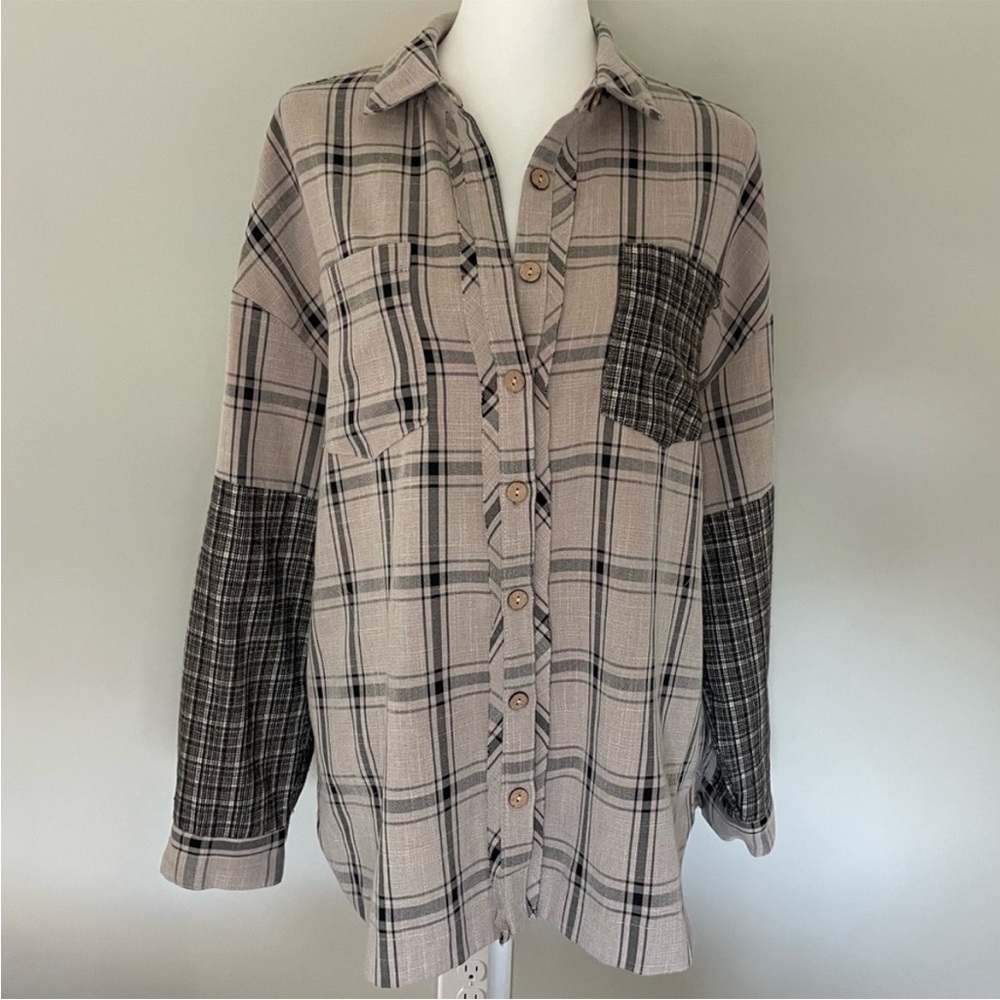 Oversized Plaid Neutral Mixed Pattern Button Down Patchwork Shirt